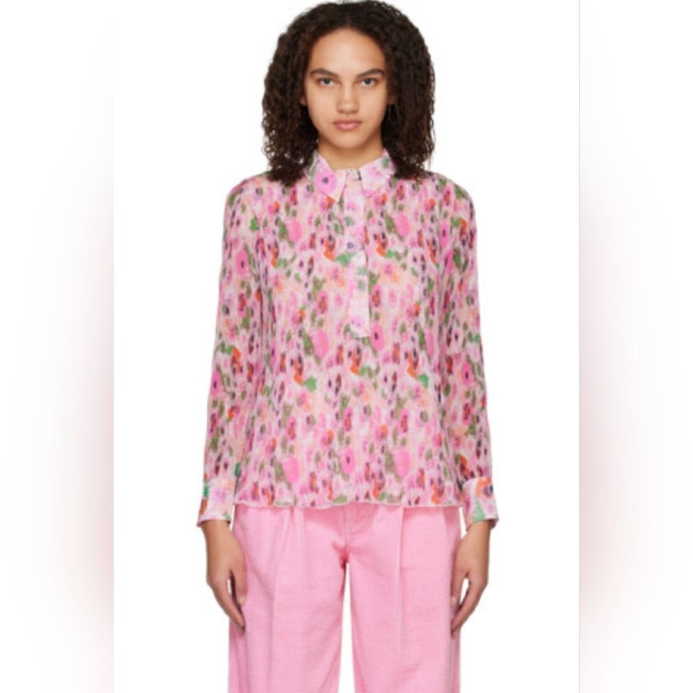 Ganni Floral Pleated Georgette Top 40 8/10 Gardencore Whimsical Barbiecore Boho